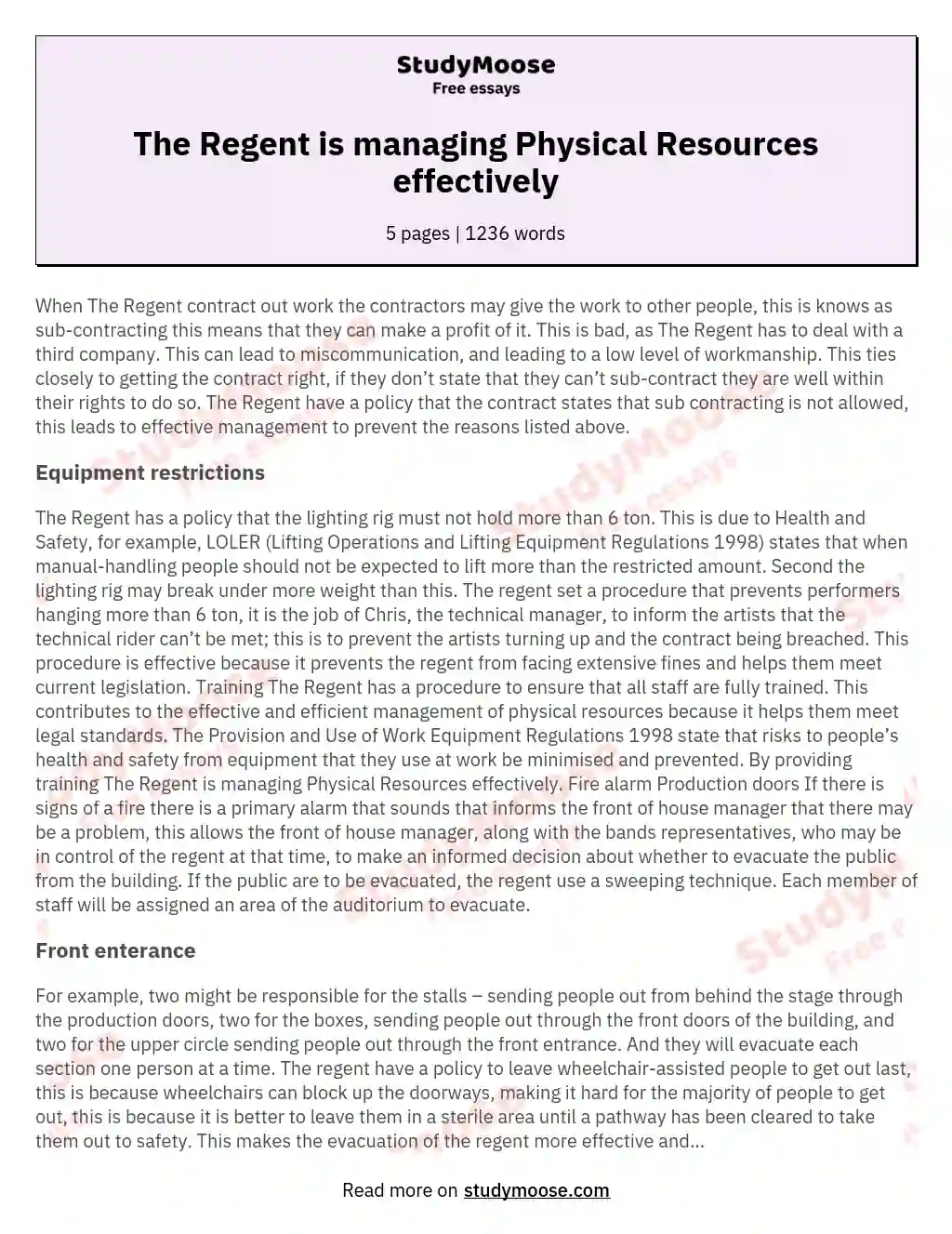 The Regent is managing Physical Resources effectively essay