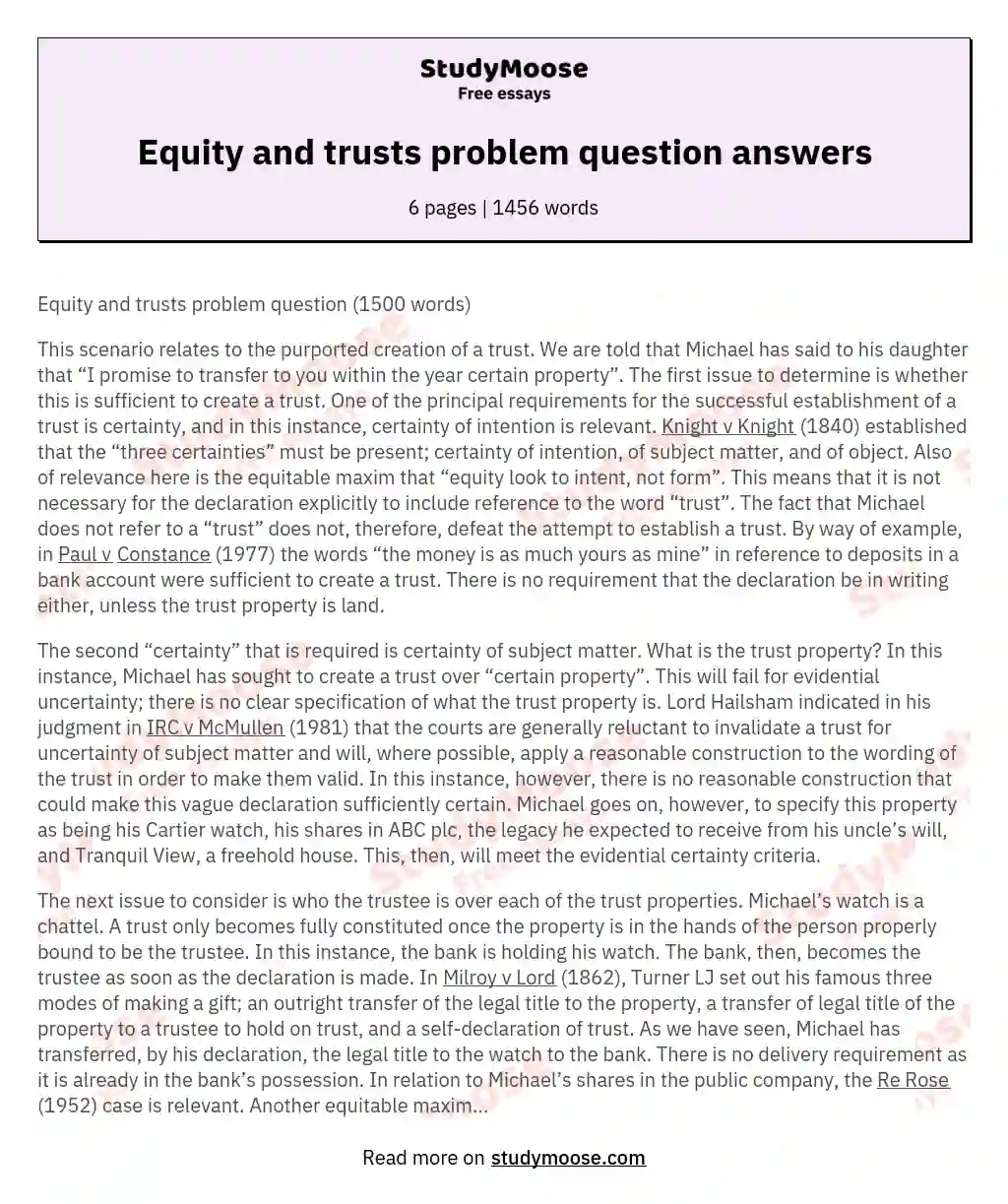 Equity and trusts problem question answers essay