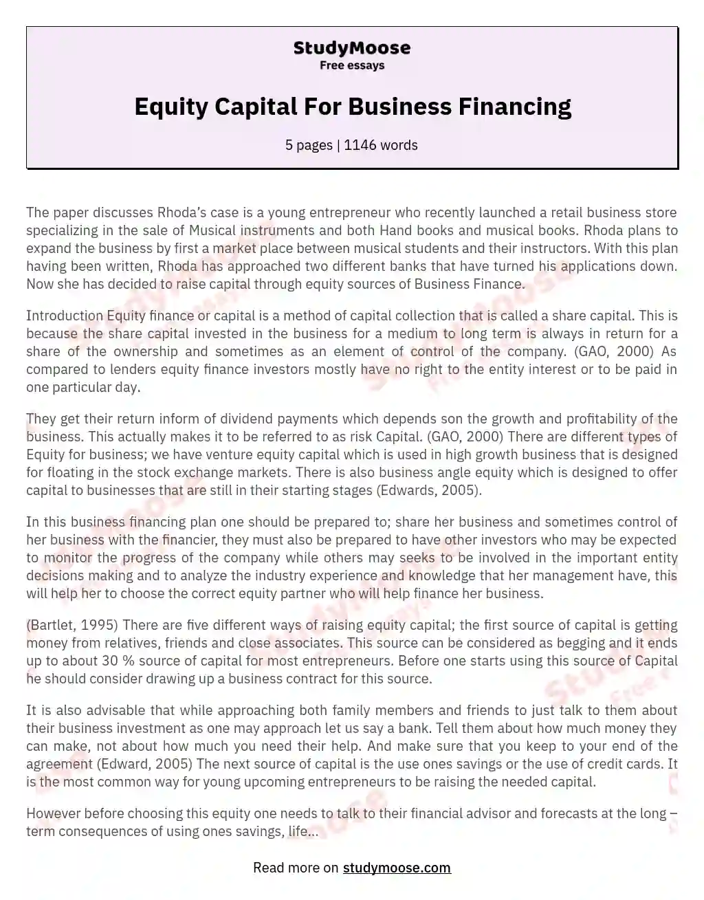 Equity Capital For Business Financing essay