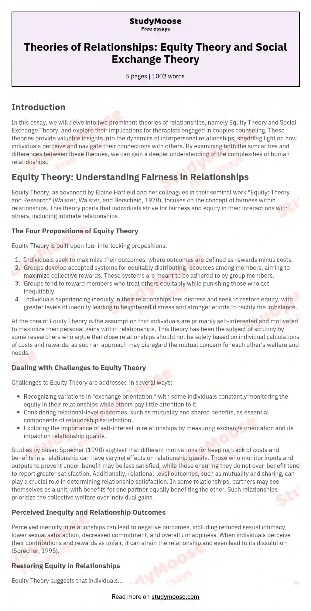Theories of Relationships: Equity Theory and Social Exchange Theory essay