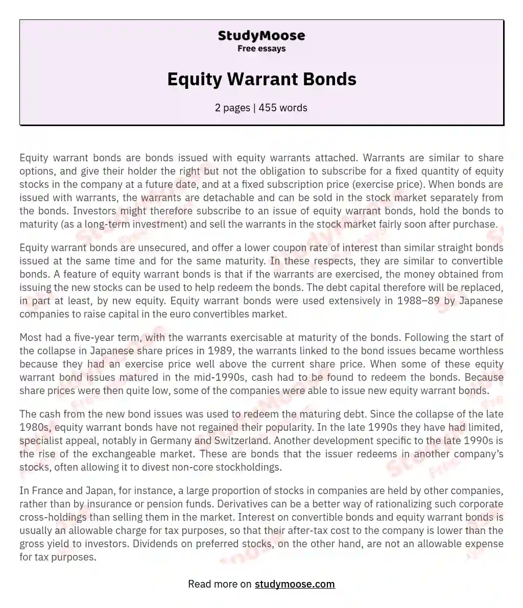 Exploring the Unique Characteristics of Equity Warrant Bonds essay