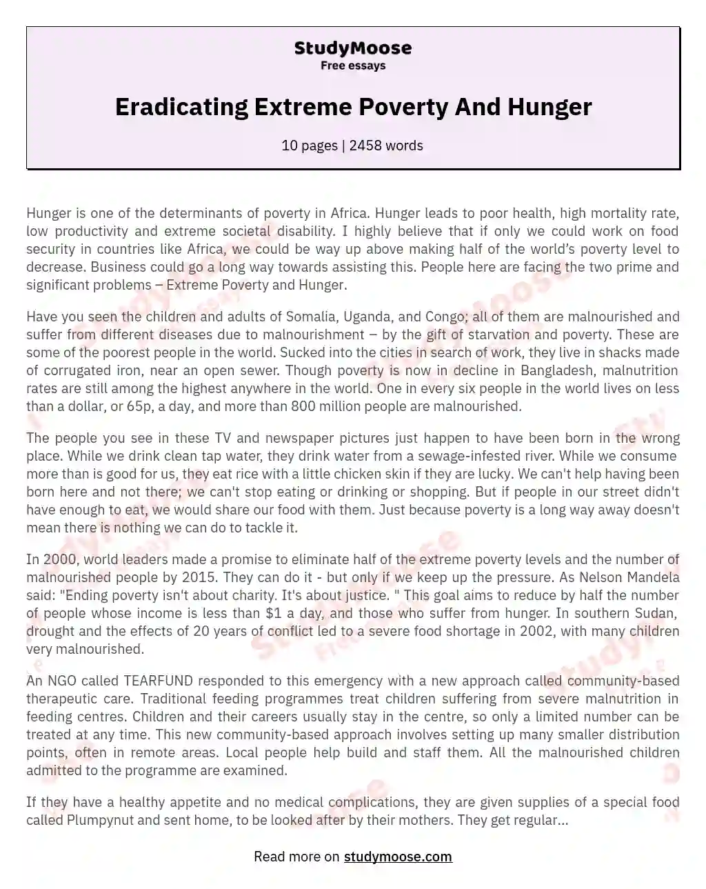 Eradicating Extreme Poverty And Hunger essay