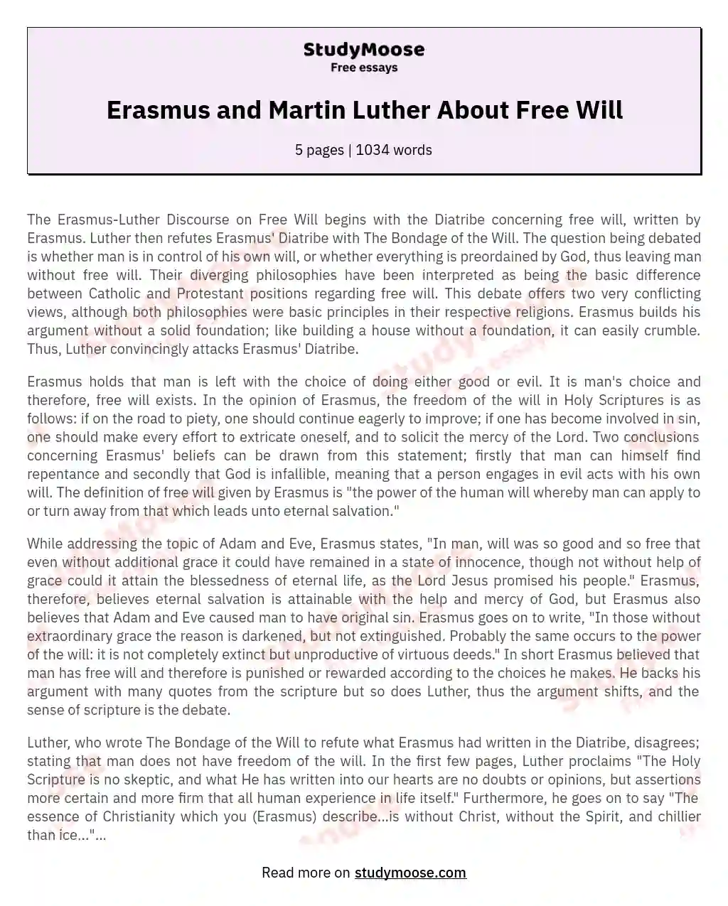 Erasmus and Martin Luther About Free Will essay