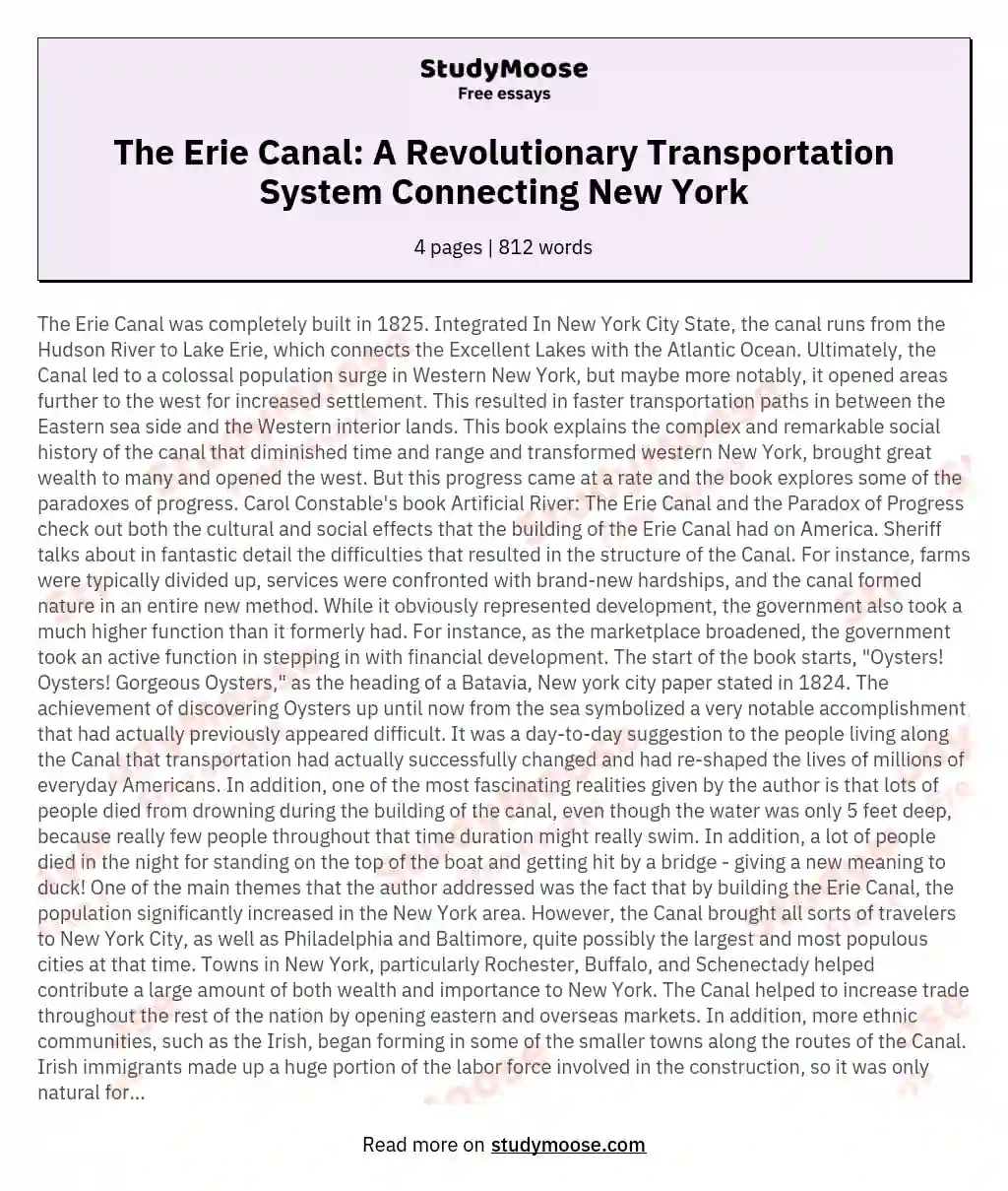 The Erie Canal: A Revolutionary Transportation System Connecting New York essay