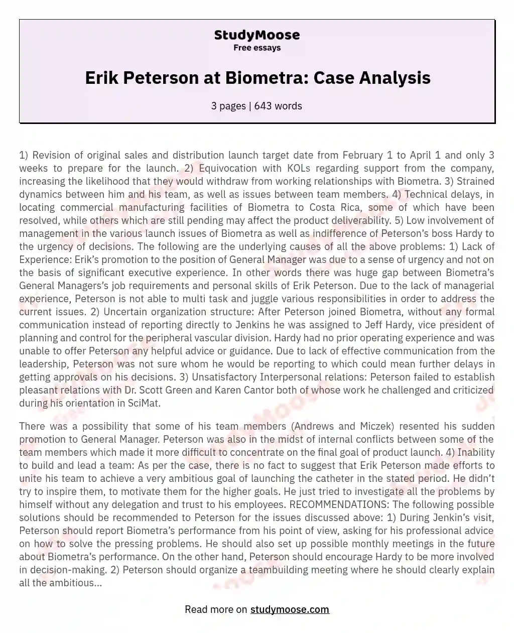 Erik Peterson at Biometra: Case Analysis essay