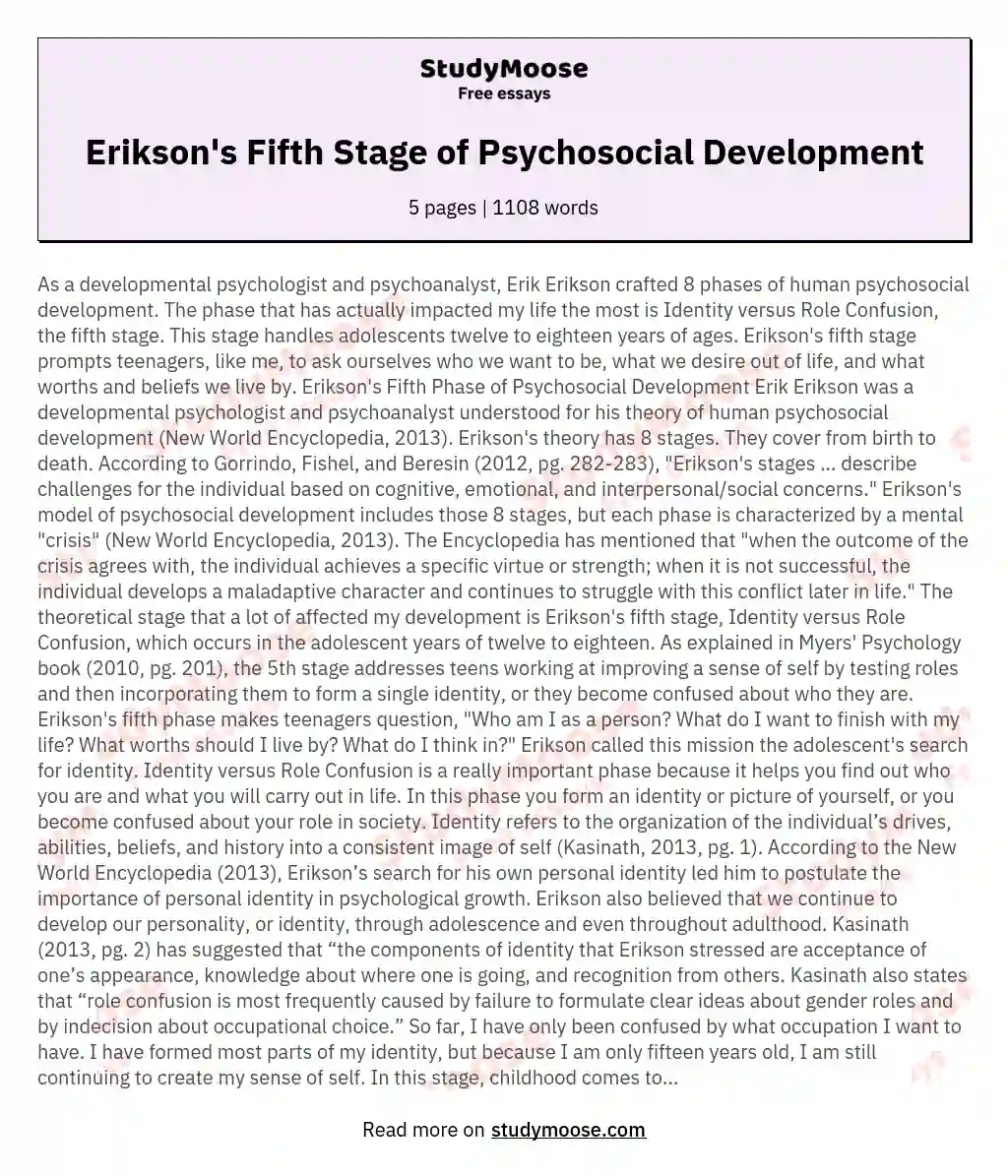 Erikson's Fifth Stage of Psychosocial Development essay