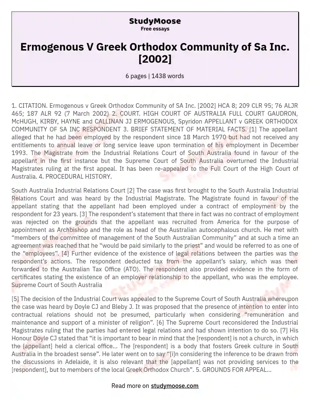 Ermogenous V Greek Orthodox Community of Sa Inc. [2002] essay