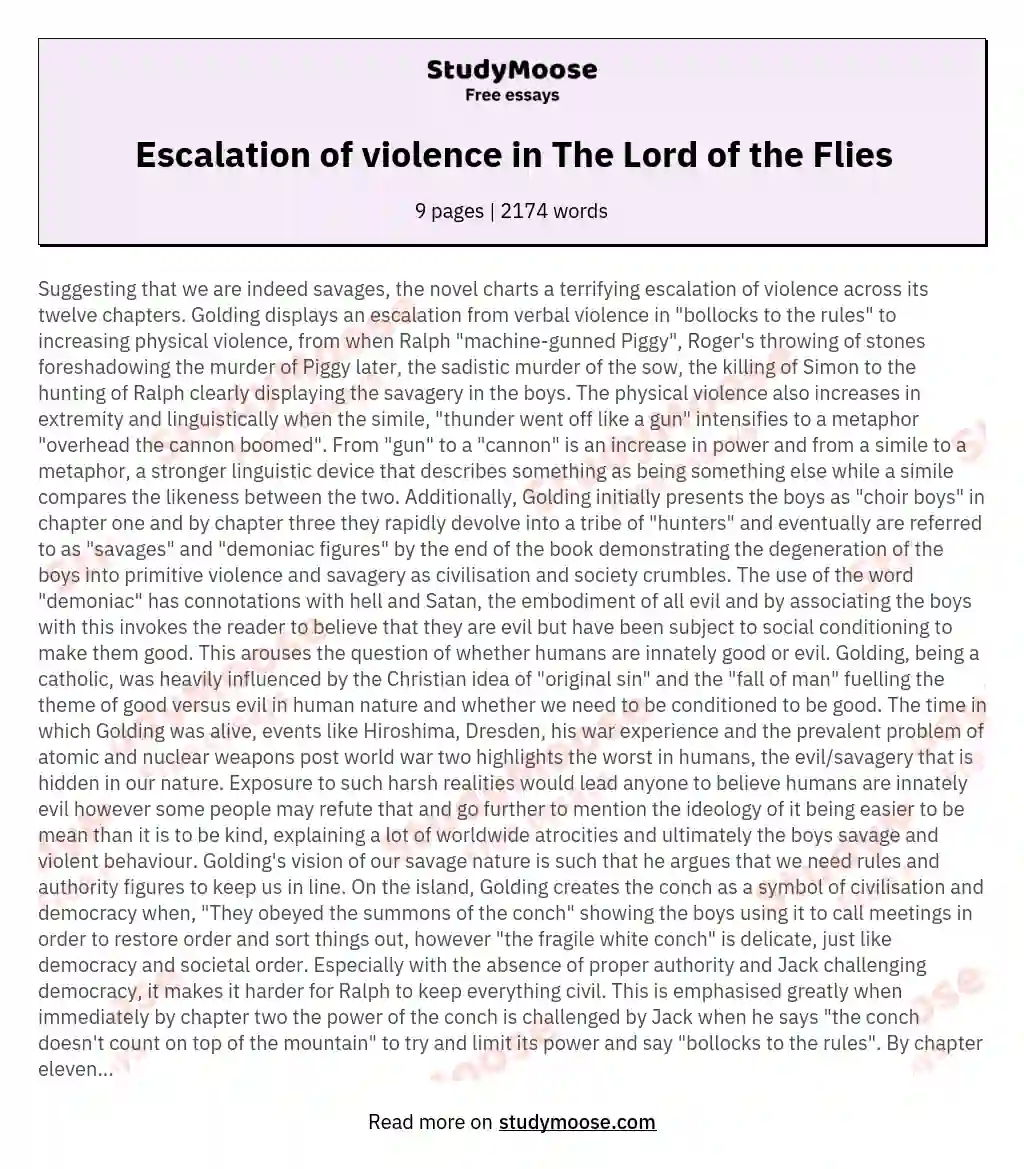 Escalation of violence in The Lord of the Flies essay
