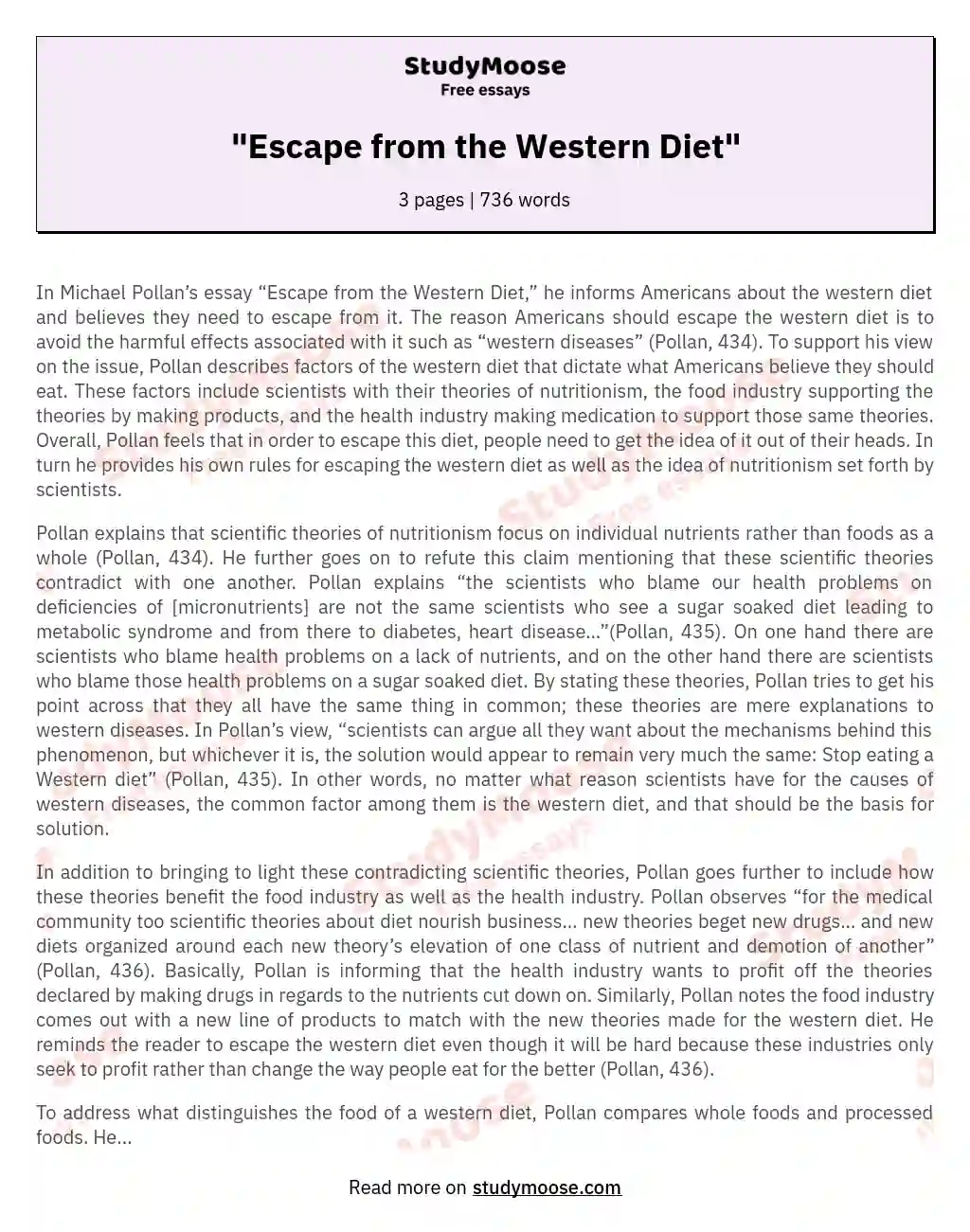"Escape from the Western Diet" essay