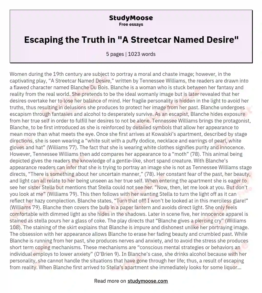 Escaping the Truth in "A Streetcar Named Desire" essay