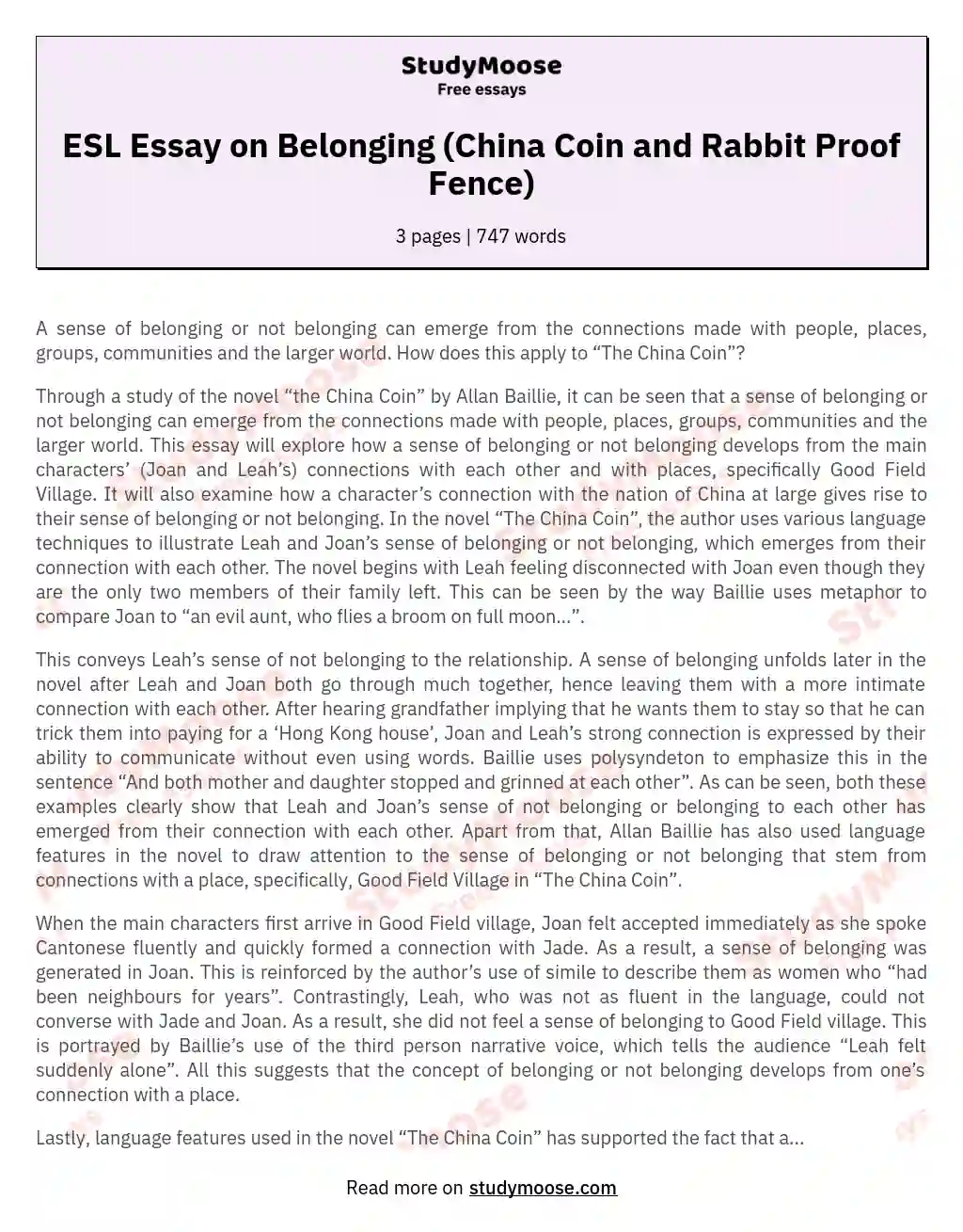 ESL Essay on Belonging (China Coin and Rabbit Proof Fence)