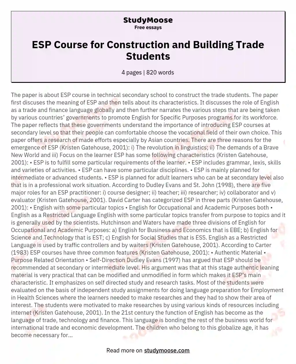 ESP Course at Technical Secondary Vocational School for Construction and Building Trade students
