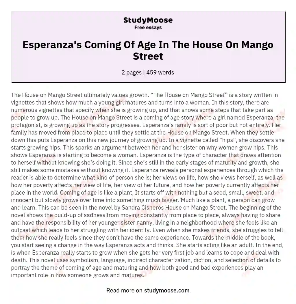 Esperanza's Coming Of Age In The House On Mango Street essay
