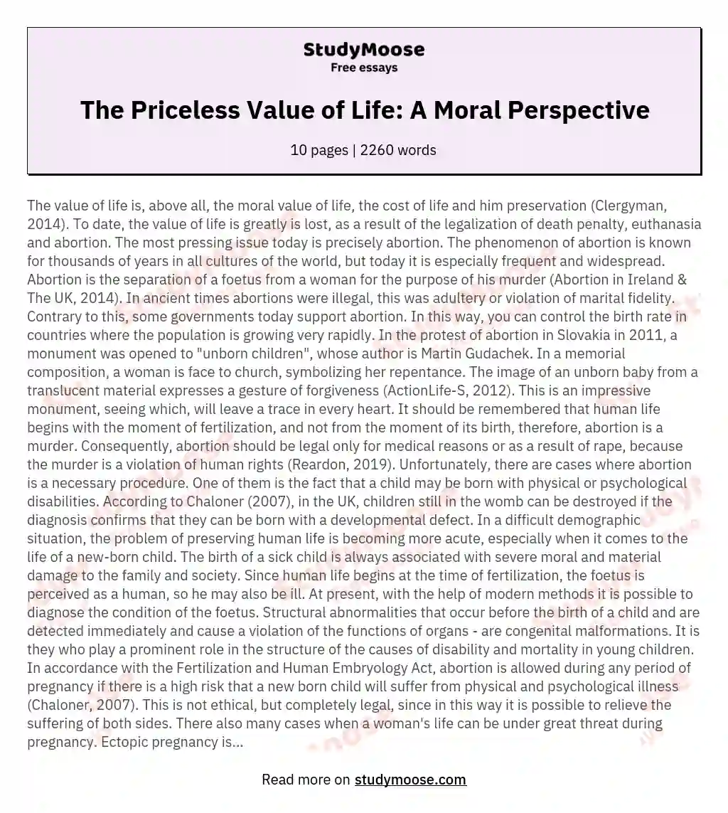 The Priceless Value of Life: A Moral Perspective essay