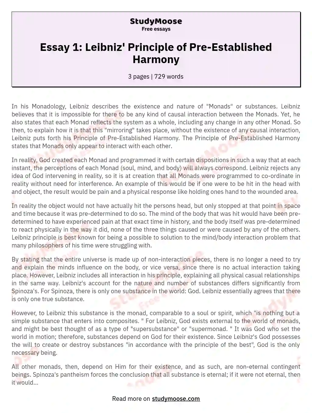 Essay 1: Leibniz' Principle of Pre-Established Harmony essay