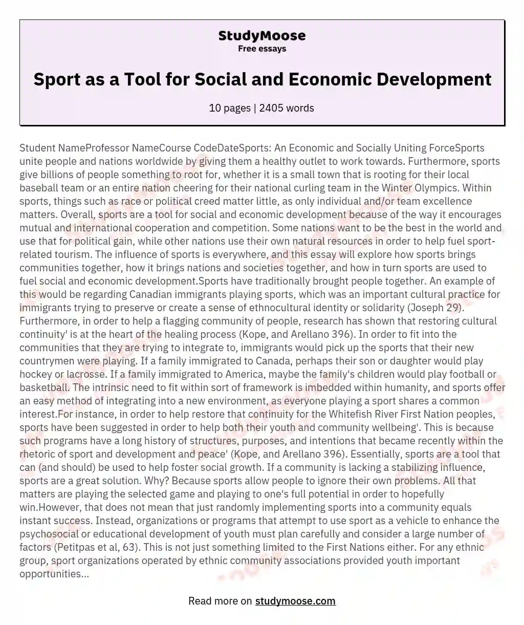 Sport as a Tool for Social and Economic Development essay