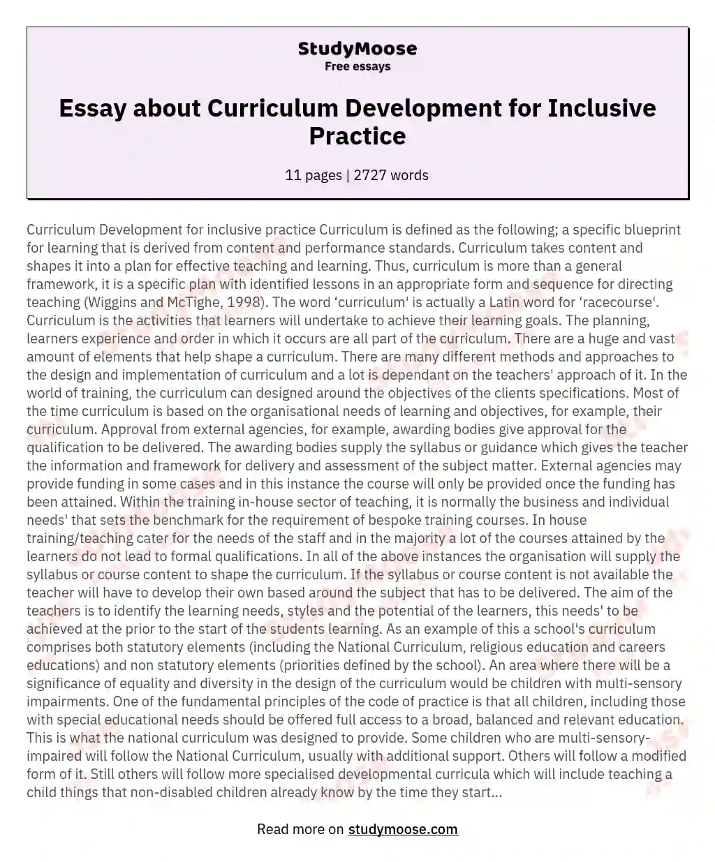 Essay about Curriculum Development for Inclusive Practice essay