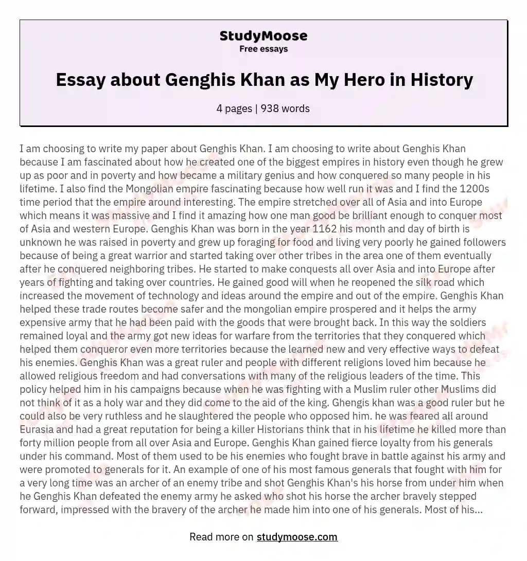 Essay about Genghis Khan as My Hero in History essay