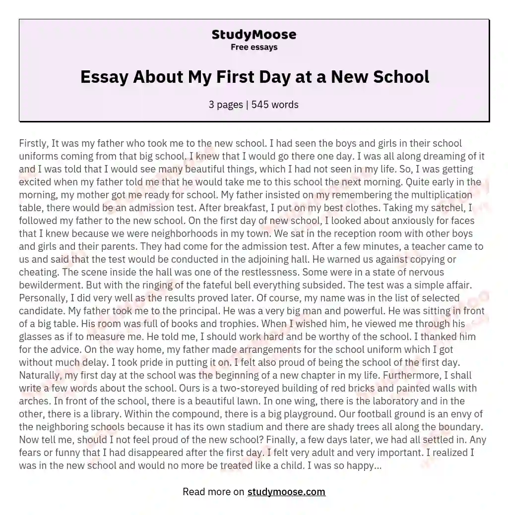 essay on my first day in school in english