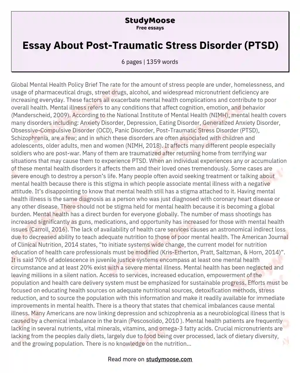 Essay About Post-Traumatic Stress Disorder (PTSD) essay
