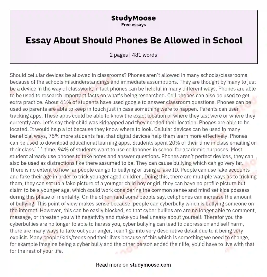 Essay About Should Phones Be Allowed in School