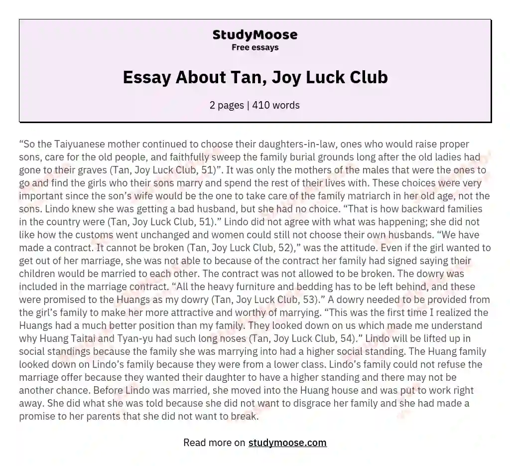 Essay About Tan, Joy Luck Club essay