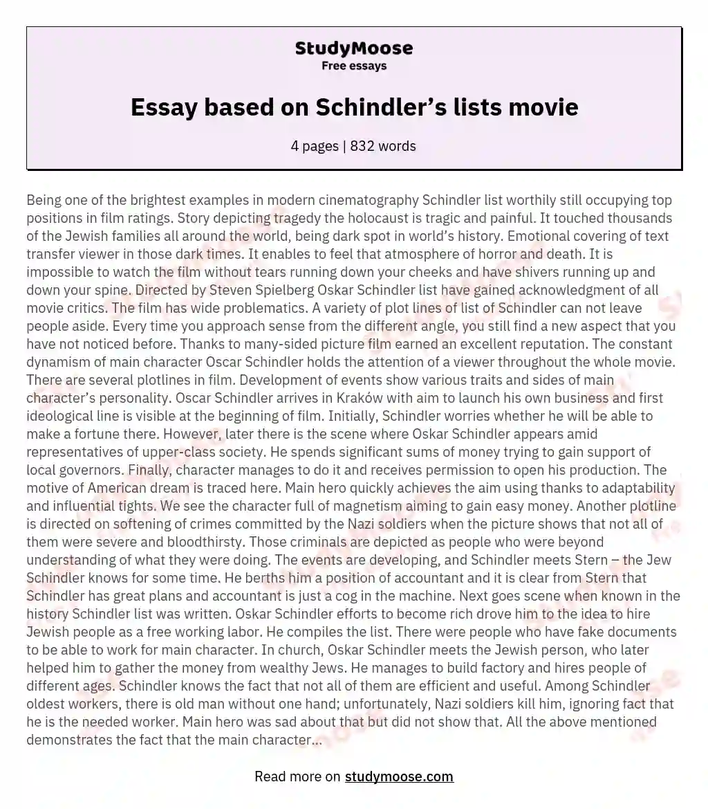 Essay based on Schindler’s lists movie essay