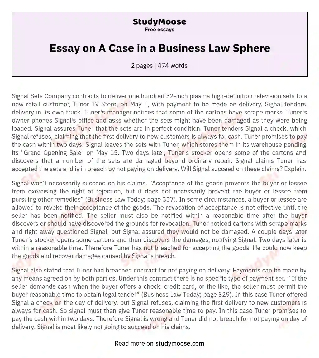 Essay on A Case in a Business Law Sphere essay