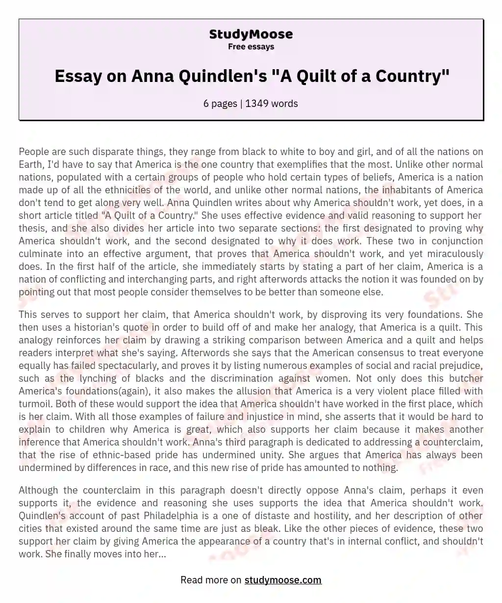Essay on Anna Quindlen's "A Quilt of a Country" essay