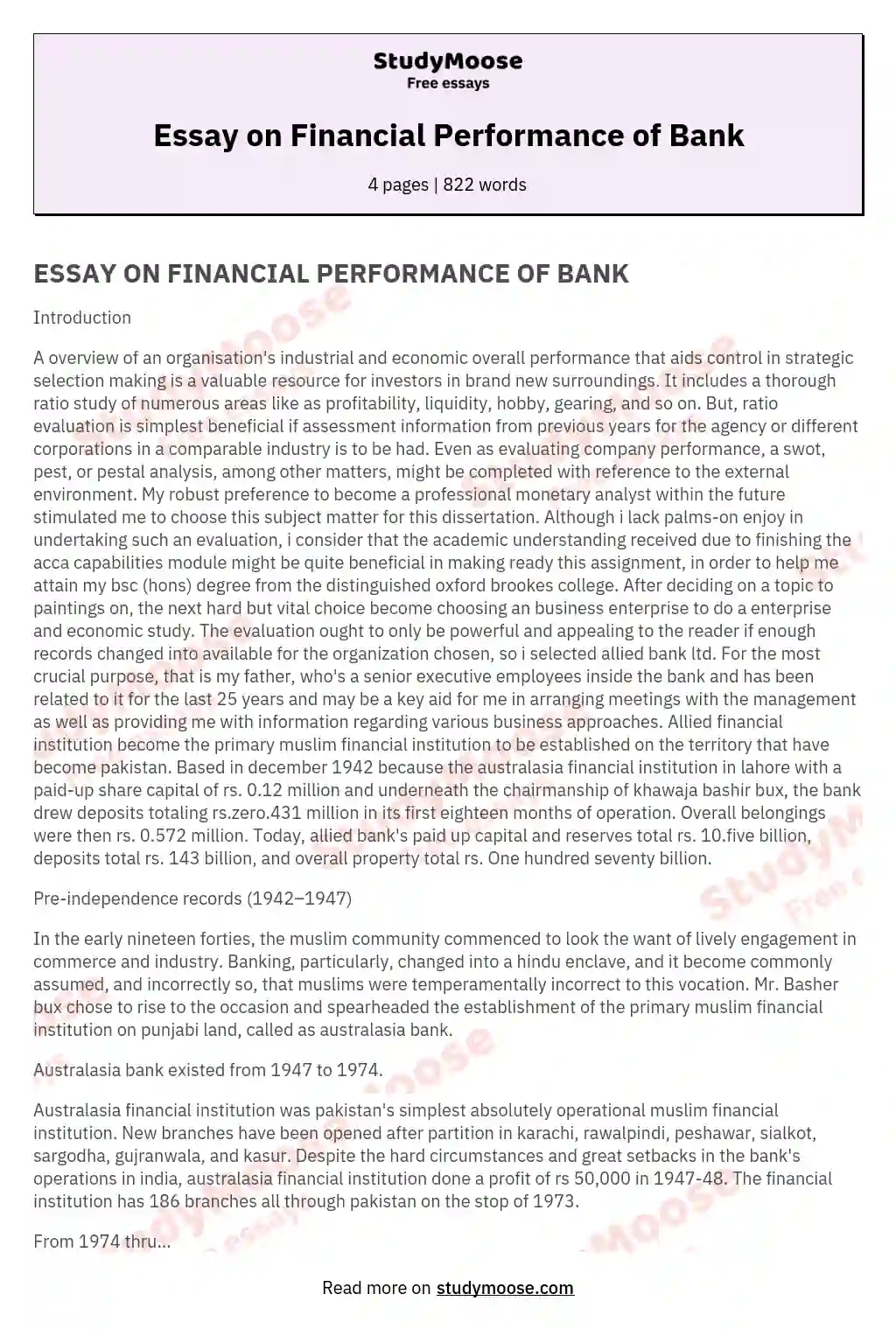 Essay on Financial Performance of Bank essay