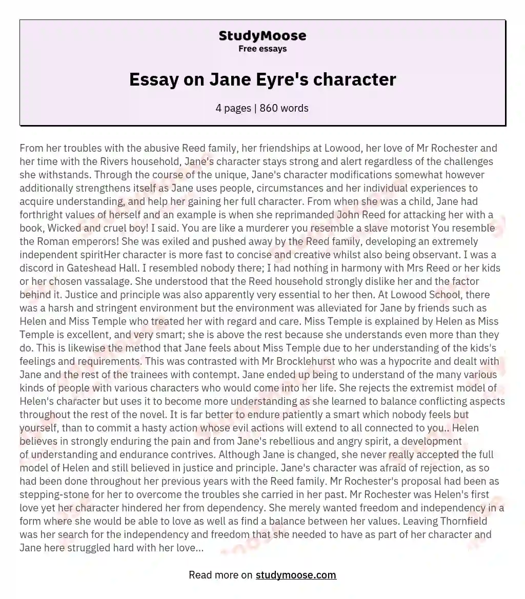 Essay on Jane Eyre's character essay