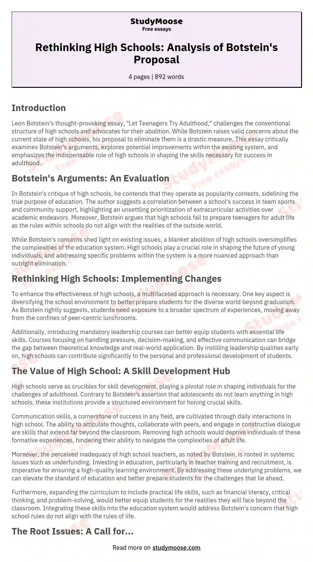 Rethinking High Schools: Analysis of Botstein's Proposal essay