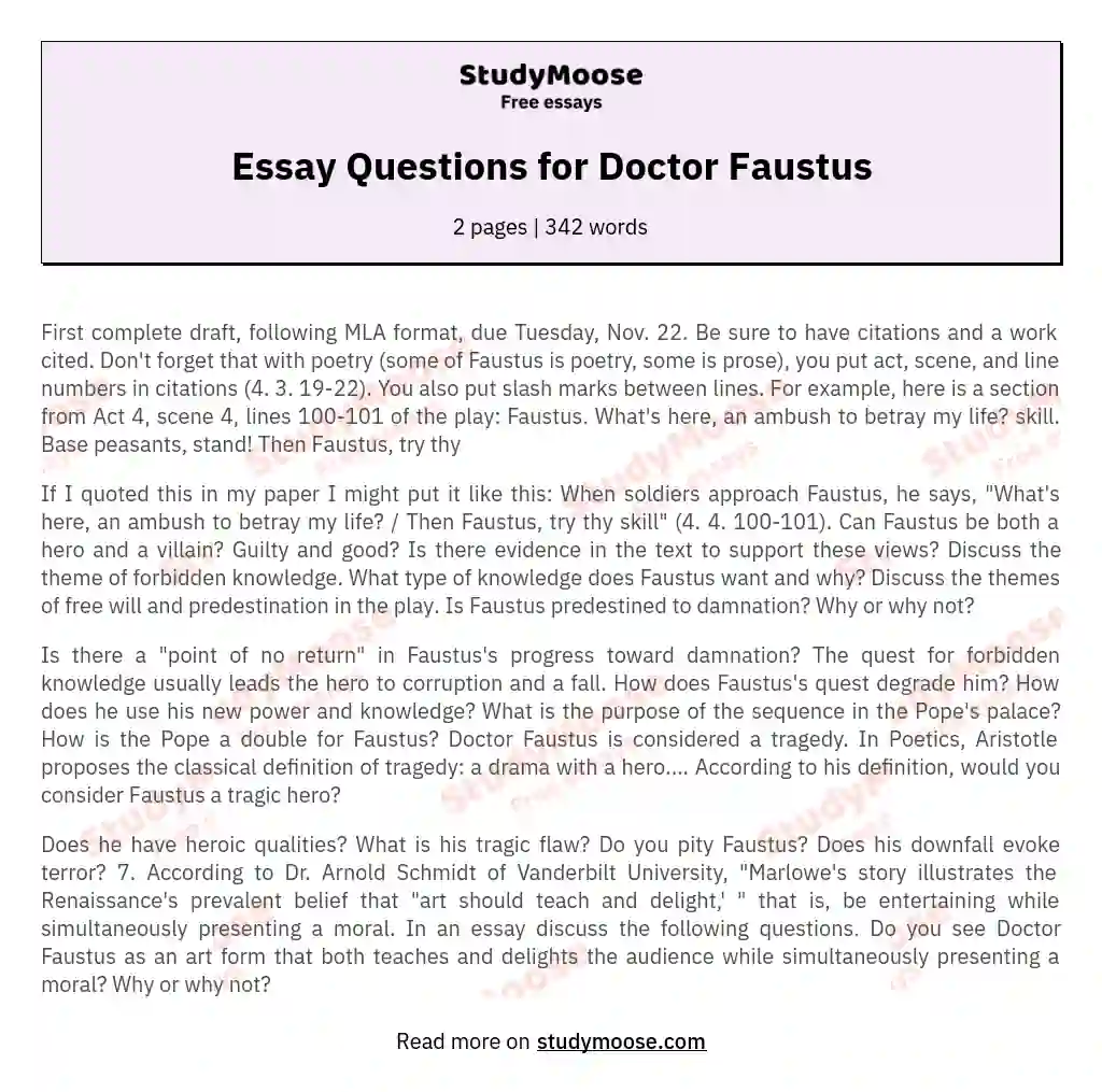 Essay Questions for Doctor Faustus essay