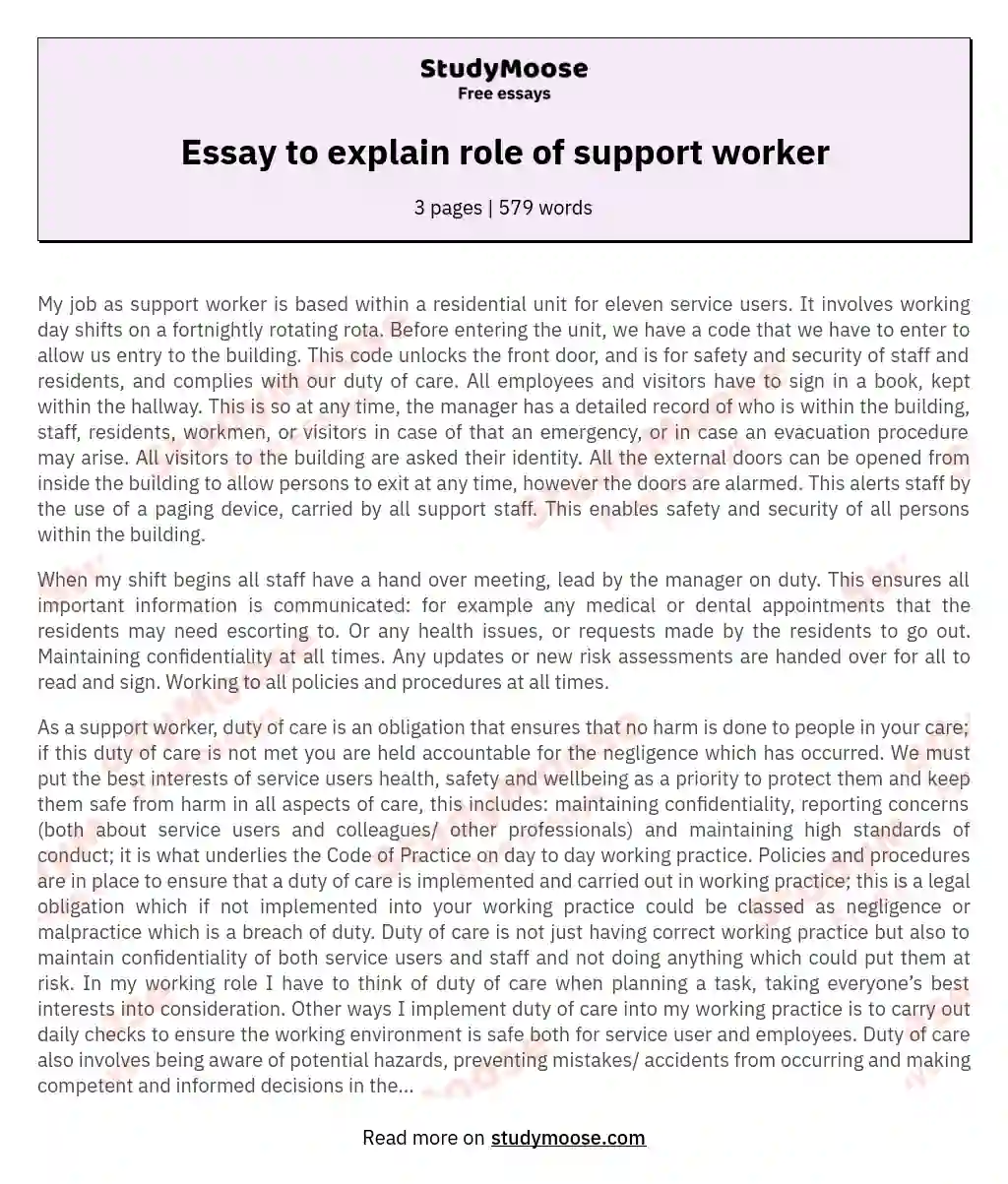 Essay to explain role of support worker essay