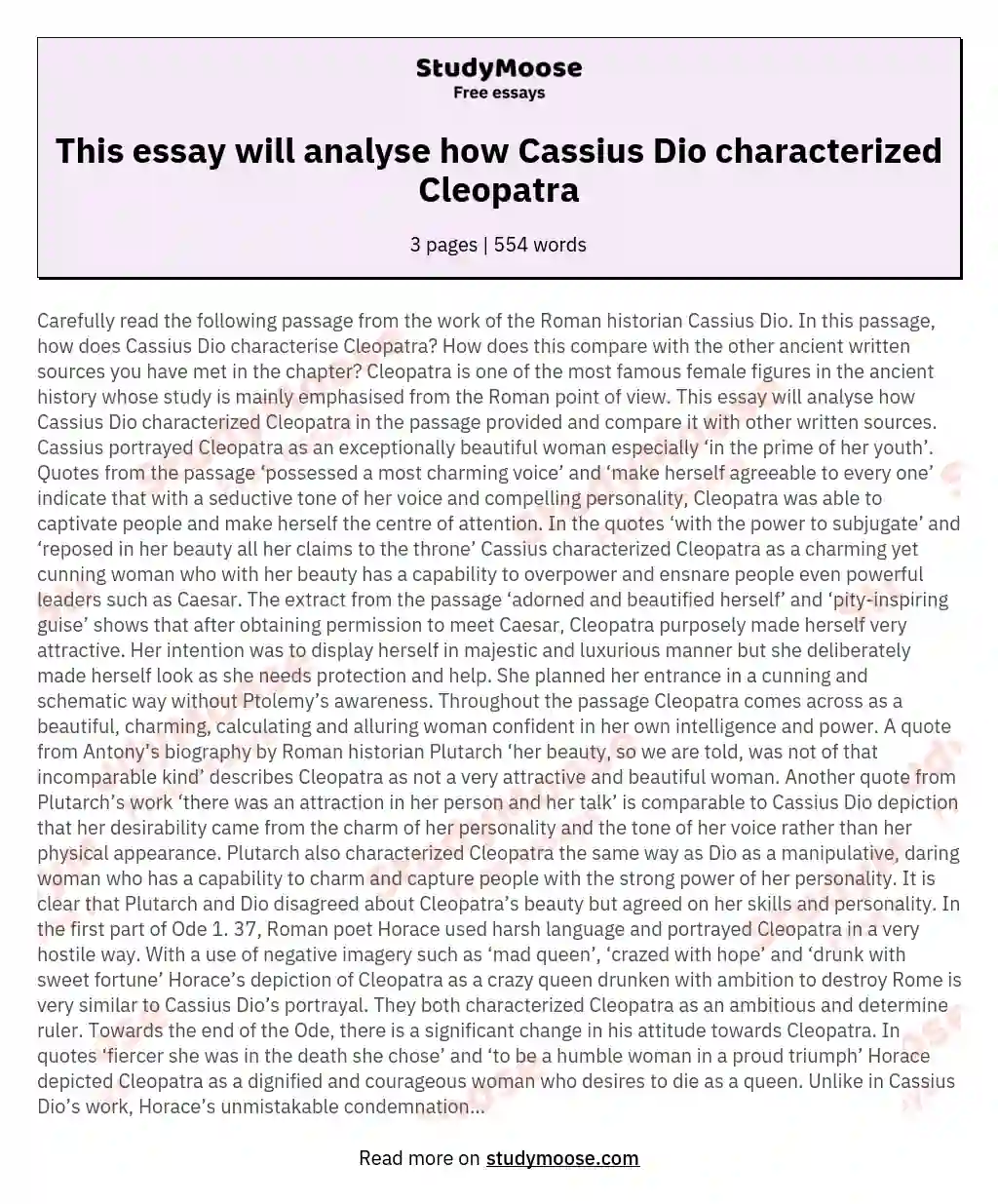 This essay will analyse how Cassius Dio characterized Cleopatra essay