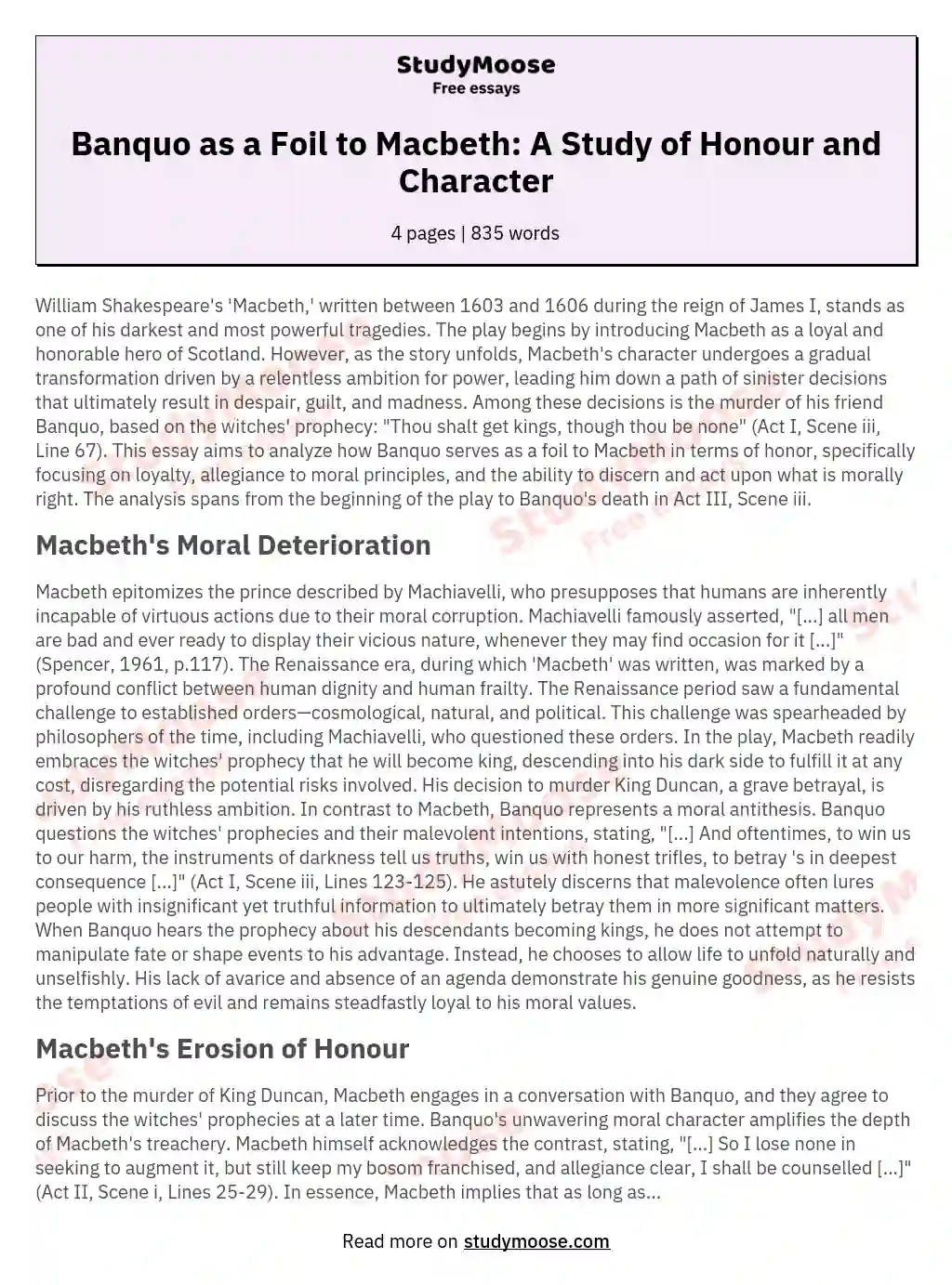 Banquo as a Foil to Macbeth: A Study of Honour and Character essay
