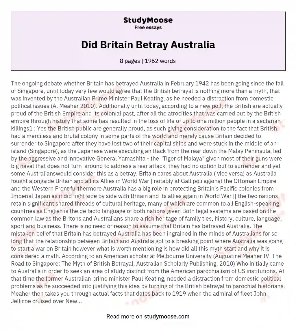 Did Britain Betray Australia essay