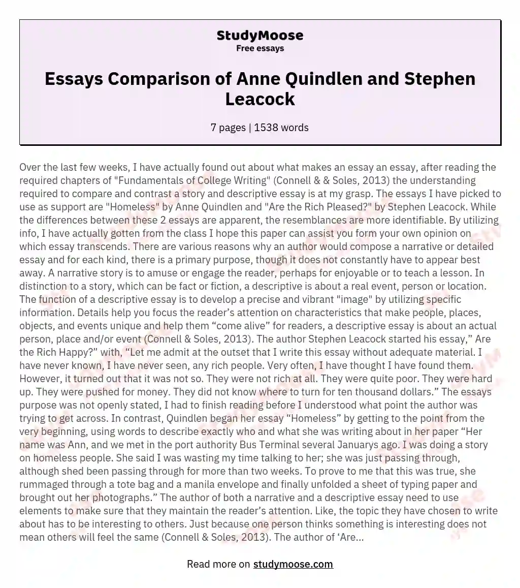 Essays Comparison of Anne Quindlen and Stephen Leacock