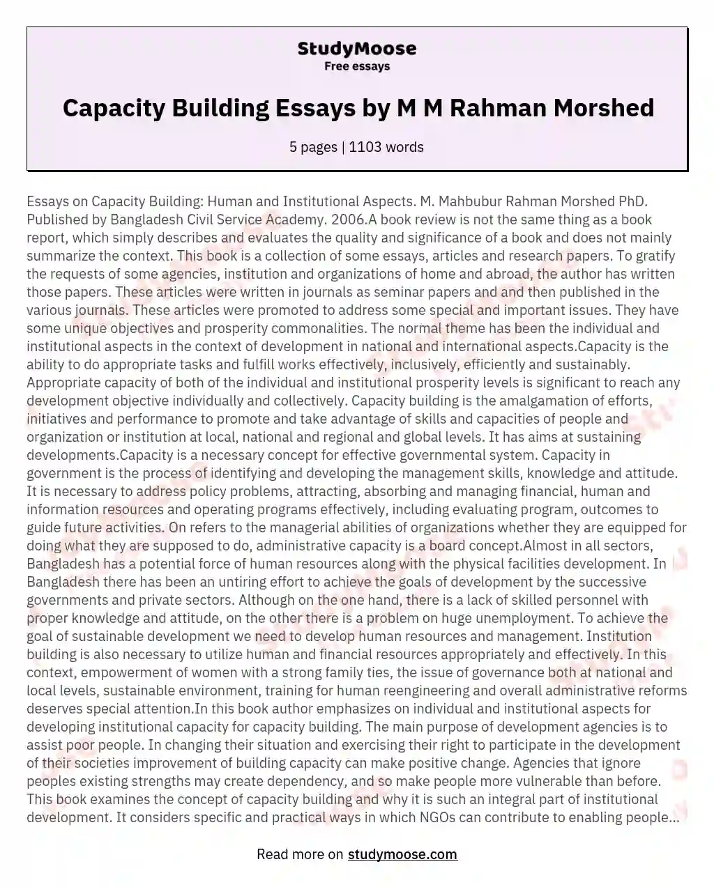 Essays on Capacity Building Human and Institutional Aspects M Mahbubur Rahman Morshed