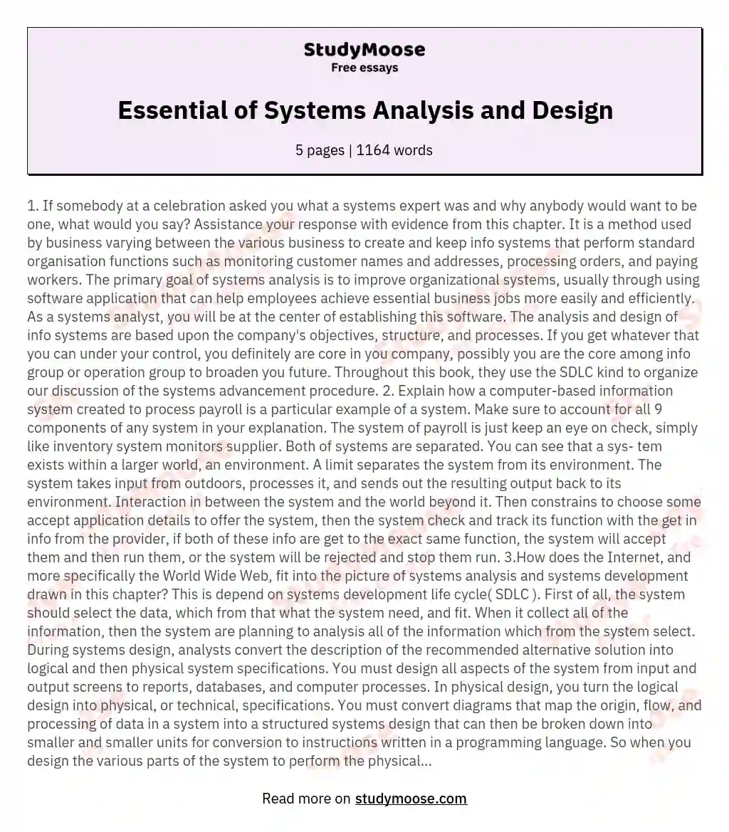 Essential of Systems Analysis and Design essay