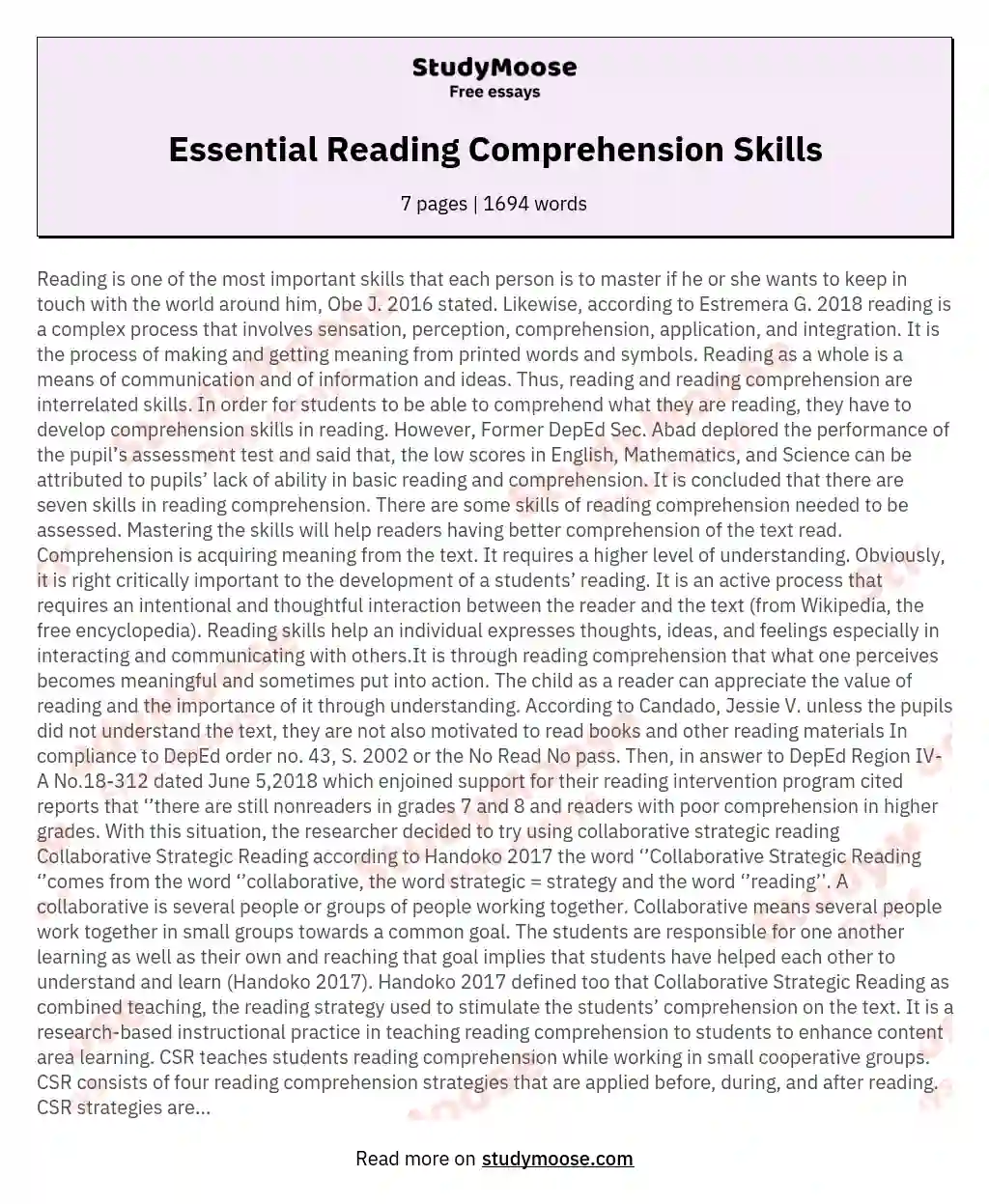 Essential Reading Comprehension Skills essay