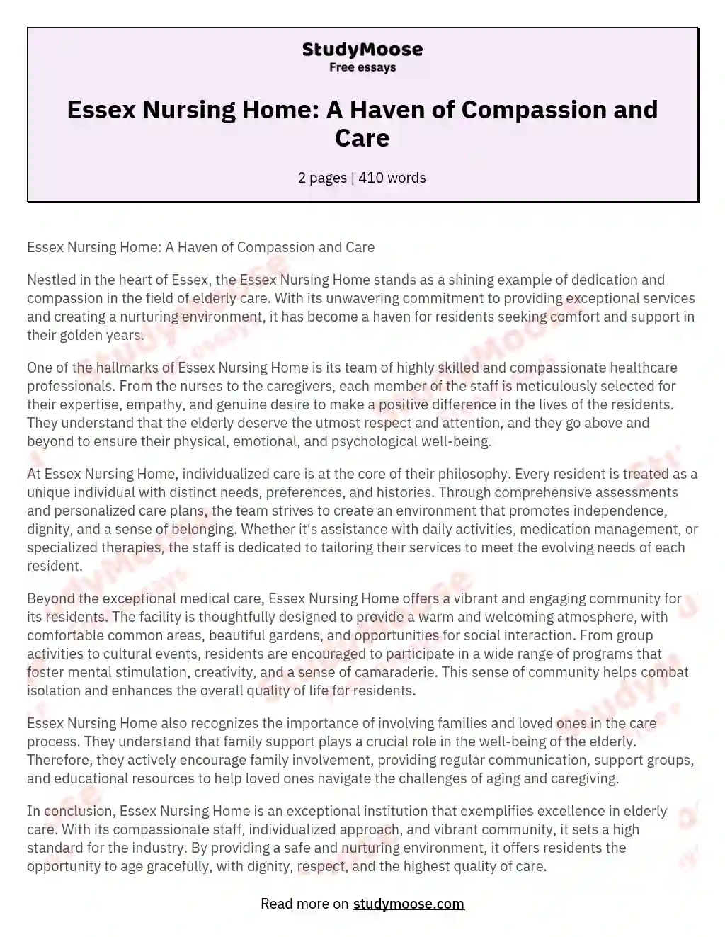 Essex Nursing Home: A Haven of Compassion and Care essay