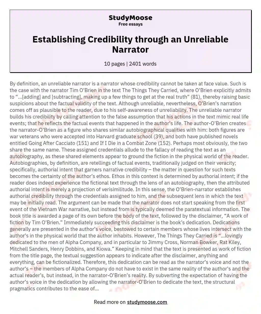 Establishing Credibility through an Unreliable Narrator essay