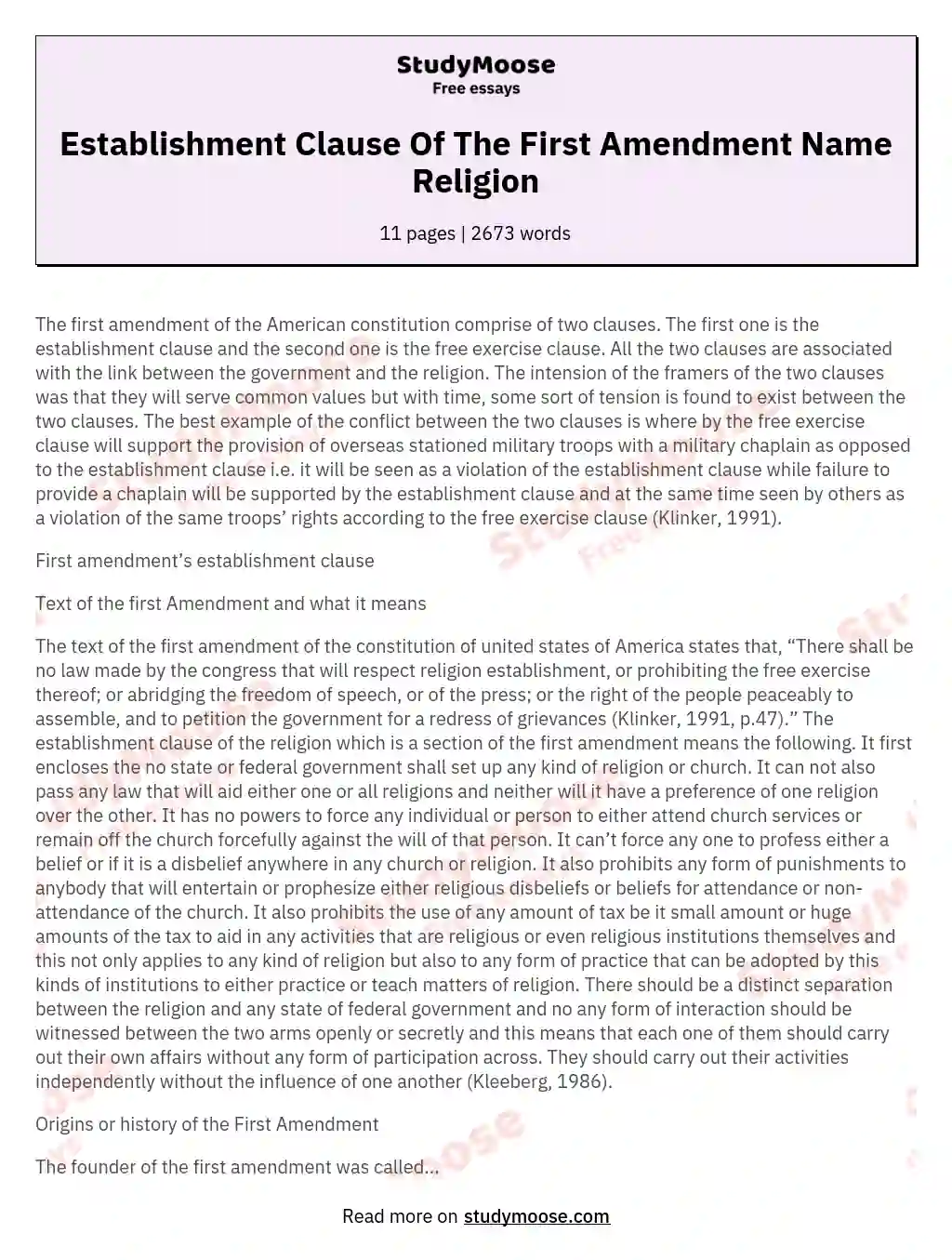Establishment Clause Of The First Amendment Name Religion