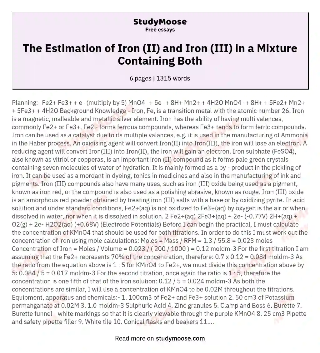 The Estimation of Iron (II) and Iron (III) in a Mixture Containing Both essay