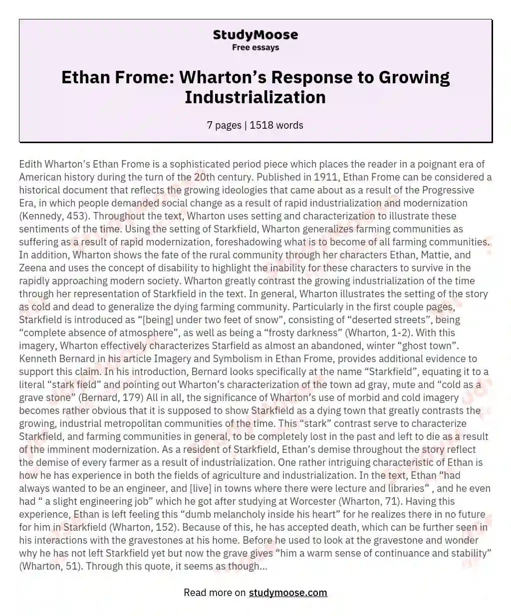 Ethan Frome: Wharton’s Response to Growing Industrialization essay