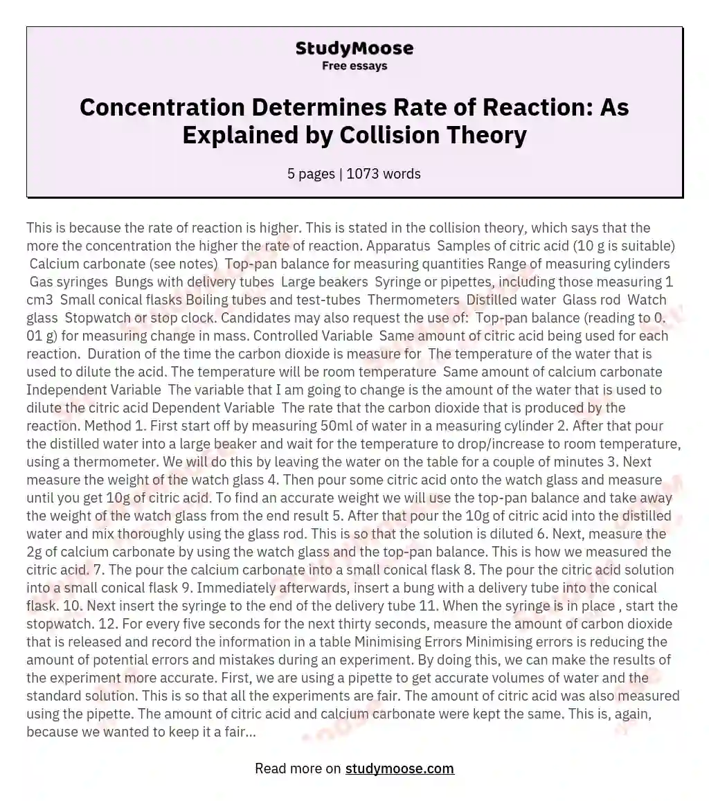 Concentration Determines Rate of Reaction: As Explained by Collision Theory