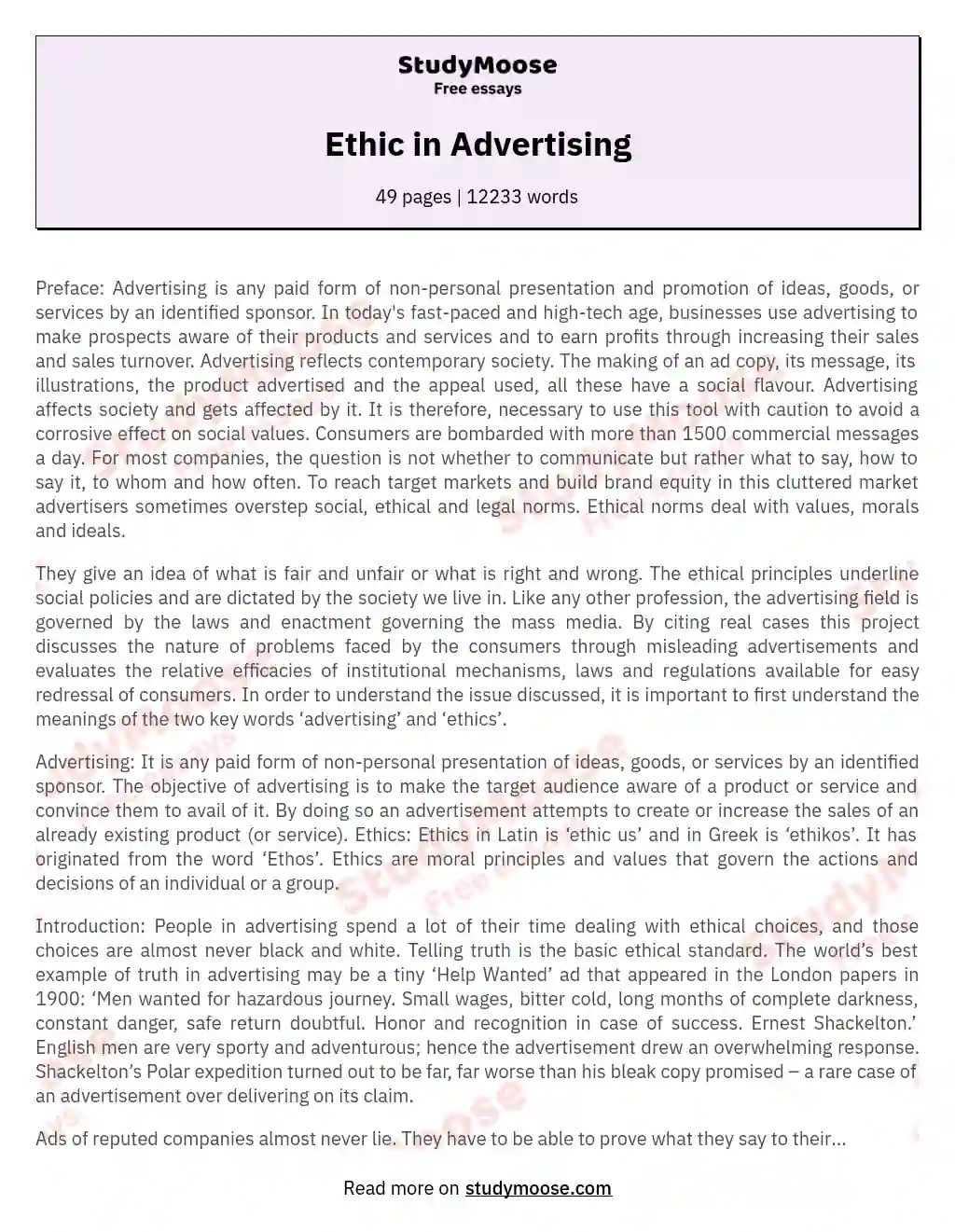 Ethic in Advertising essay
