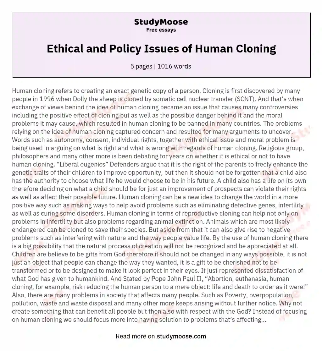 Ethical and Policy Issues of Human Cloning essay