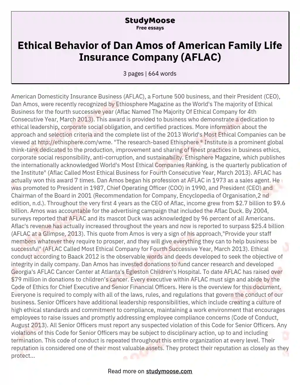Ethical Behavior of Dan Amos of American Family Life Insurance Company (AFLAC) essay